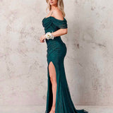 Marlow Off Shoulder Beaded Mesh Gown - Emerald