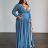 Alice Two Piece Metallic Jersey Gown - Sky Blue