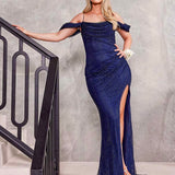 Marlow Off Shoulder Beaded Mesh Gown - Navy