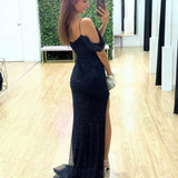 Marlow Off Shoulder Beaded Mesh Gown - Navy