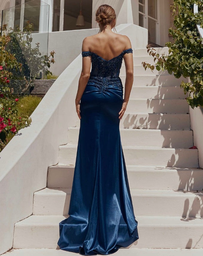 Lorel Embroidered Corset Gown - Navy