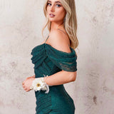 Marlow Off Shoulder Beaded Mesh Gown - Emerald