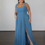 Hayley Metallic Jersey Gown - Sky Blue