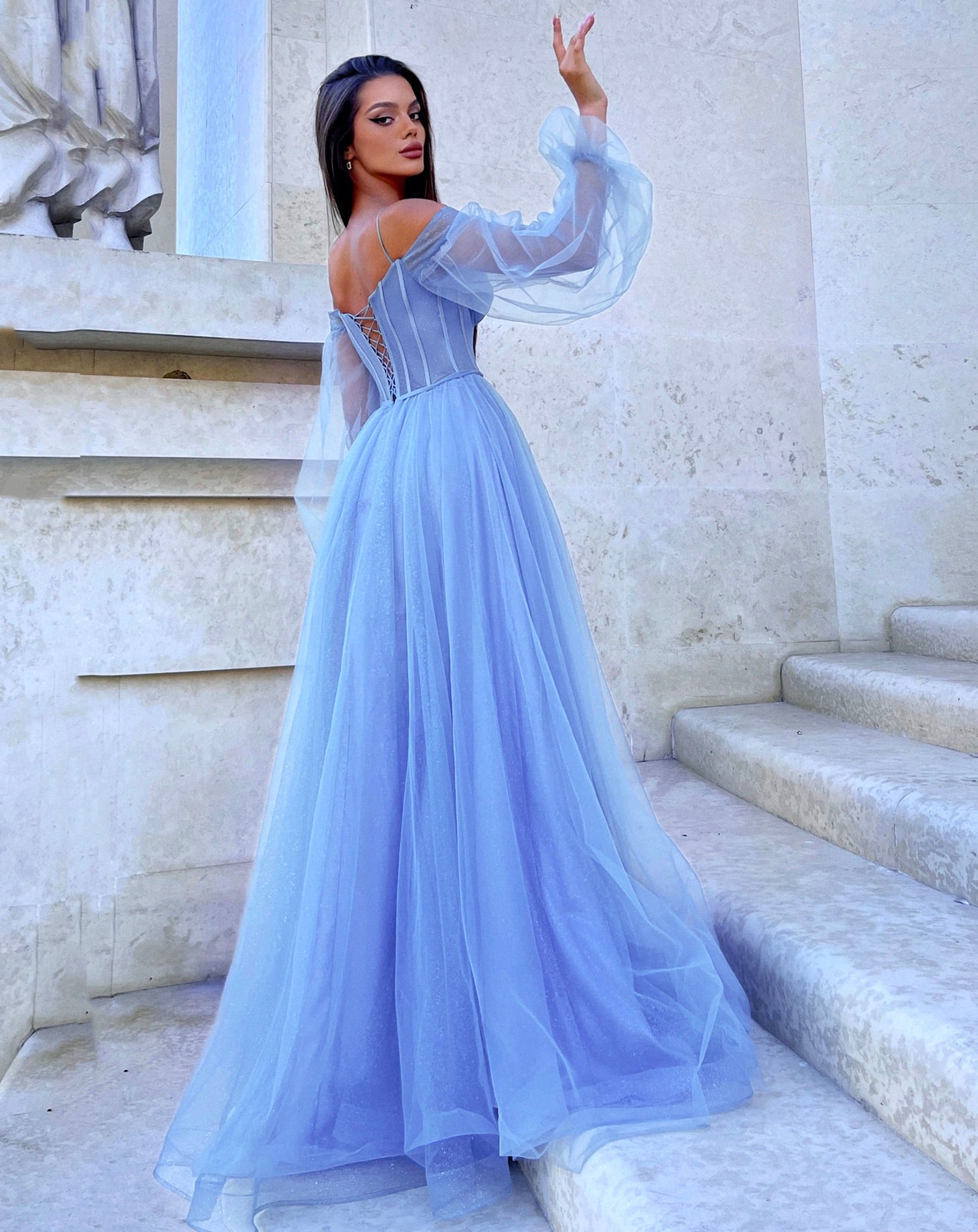Savannah Off Shoulder Corset Gown - Blue Blossom
