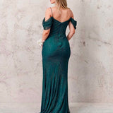 Marlow Off Shoulder Beaded Mesh Gown - Emerald