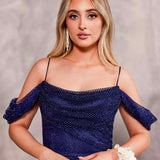 Marlow Off Shoulder Beaded Mesh Gown - Navy