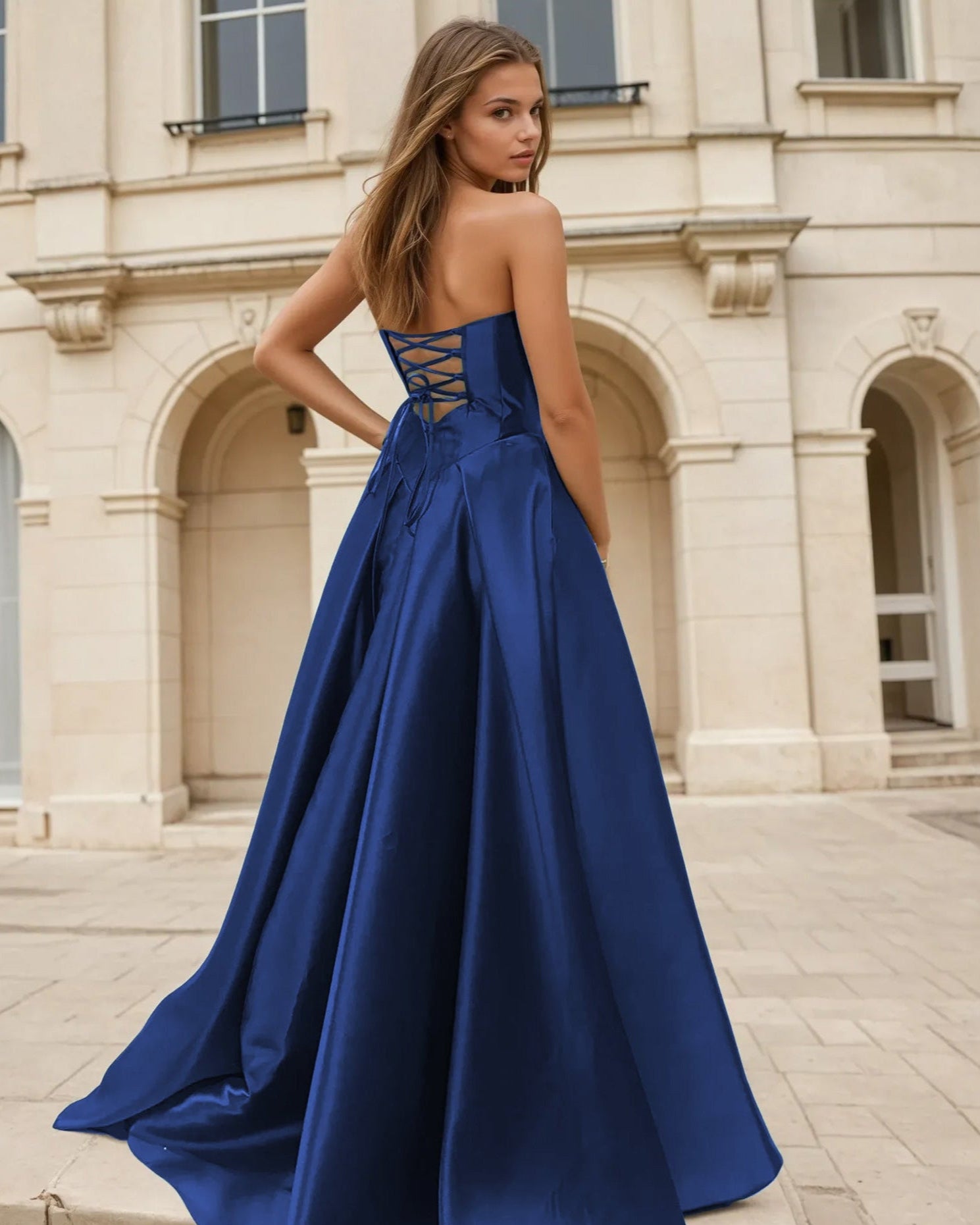 Anabella Strapless Gown Sapphire Mikado Back