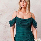 Marlow Off Shoulder Beaded Mesh Gown - Emerald