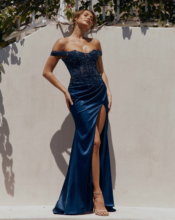 Lorel Embroidered Corset Gown - Navy