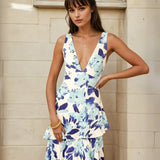 Bella Layered Dress Dark/Light Blue Print Front