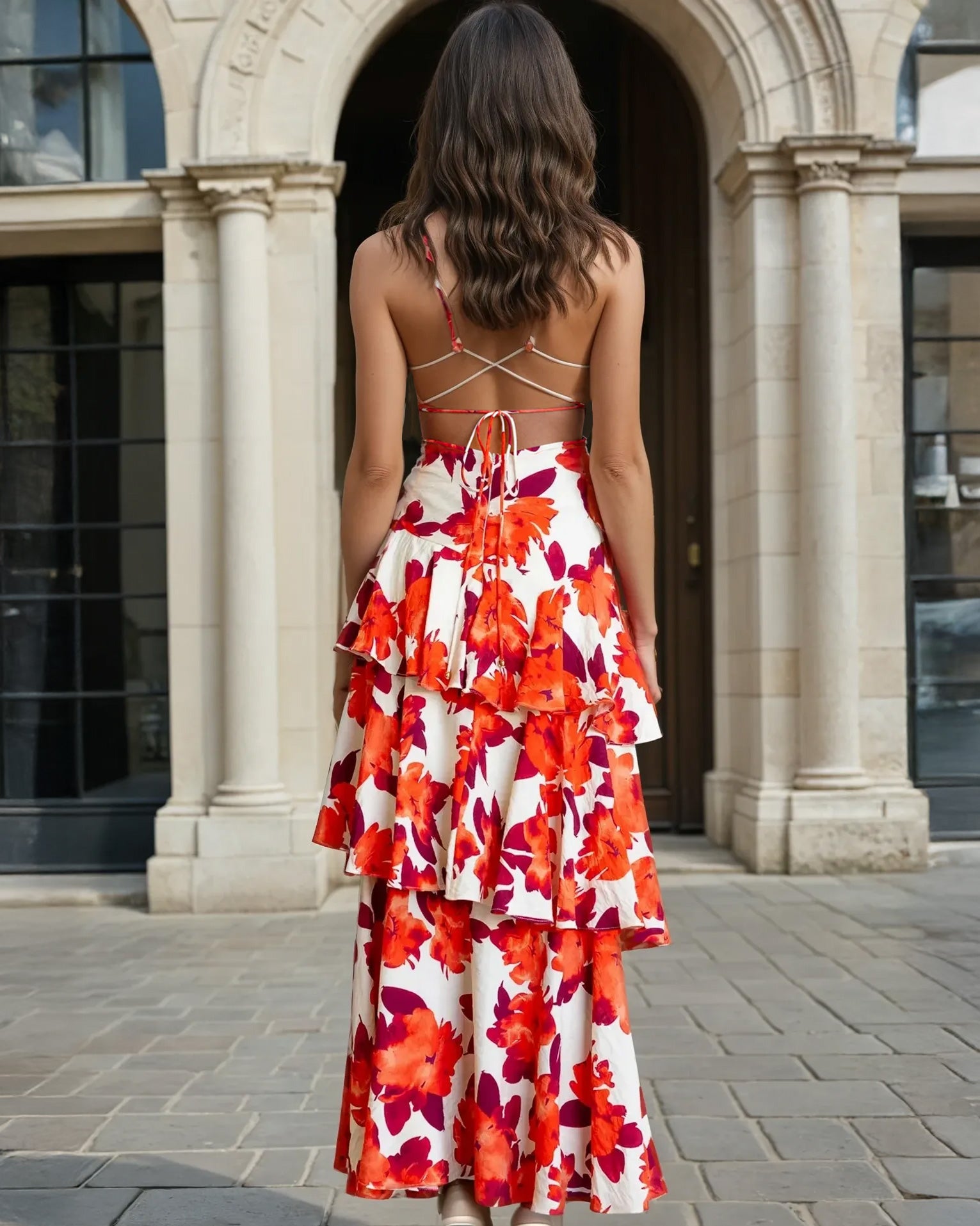 Bella Layered Dress Orange Print Back