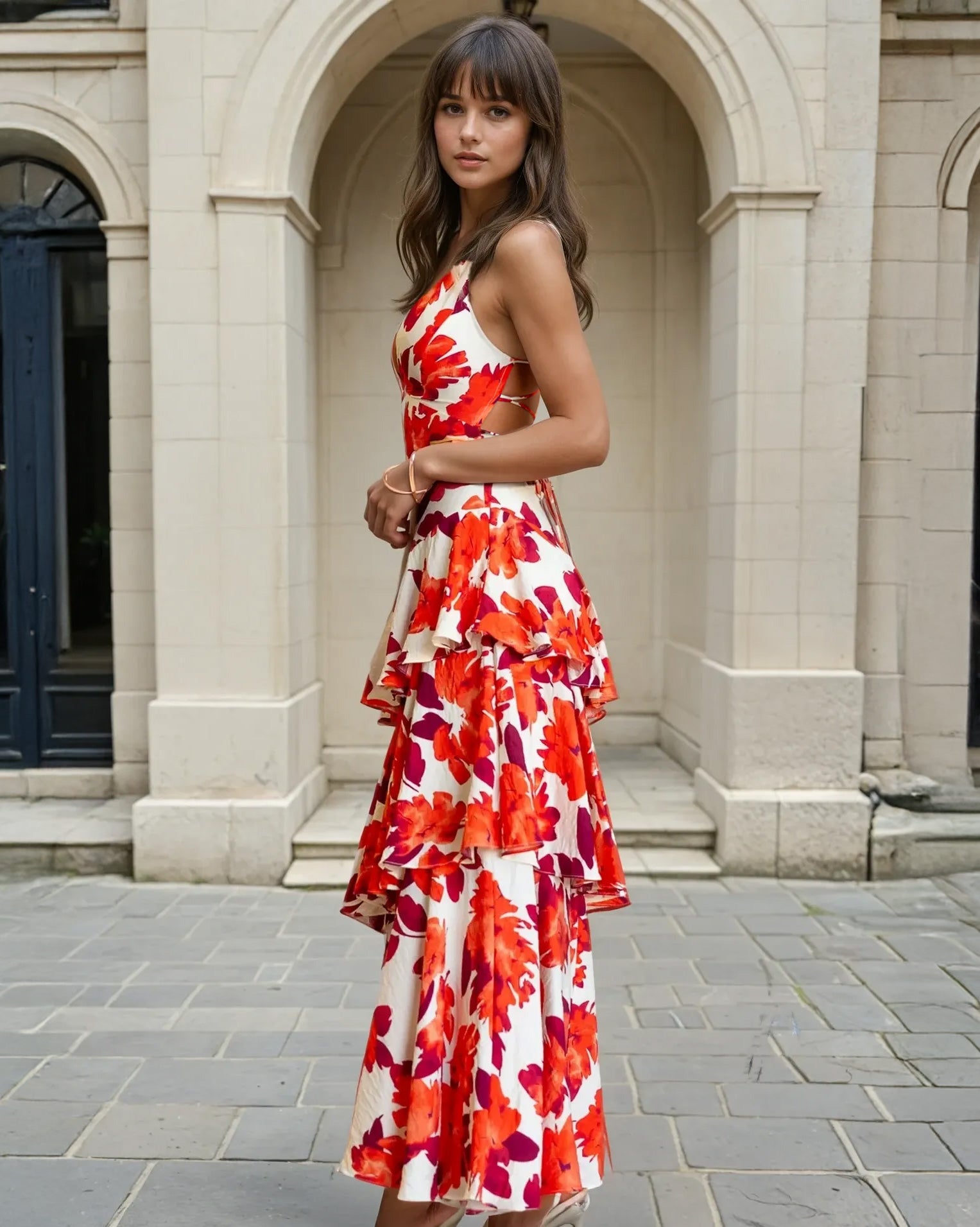 Bella Layered Dress Orange Print Side