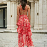 Bella Layered Chiffon Maxi Dress Red Print Back