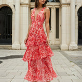 Bella Layered Chiffon Maxi Dress Red Print Front