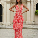 Bella Layered Chiffon Maxi Dress Red Print Front