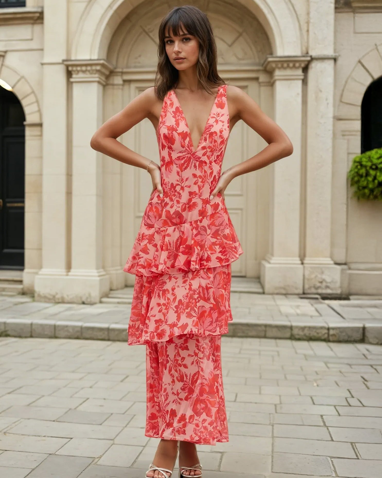 Bella Layered Chiffon Maxi Dress Red Print Front