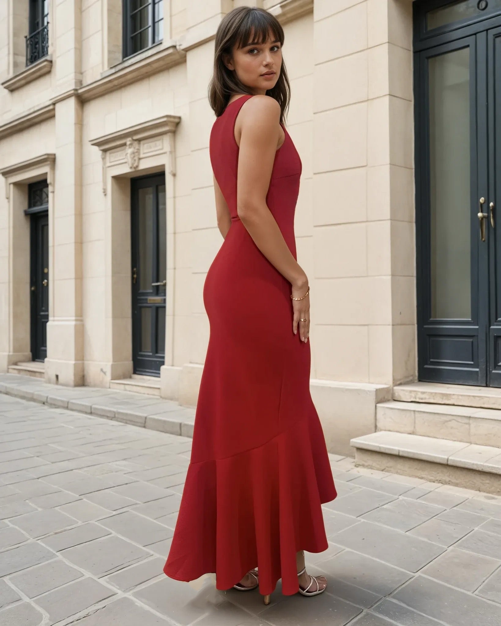 Carmel Red maxi dress side one shoulder