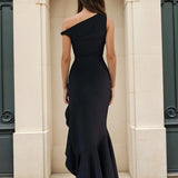 Carmel Black maxi dress side one shoulder