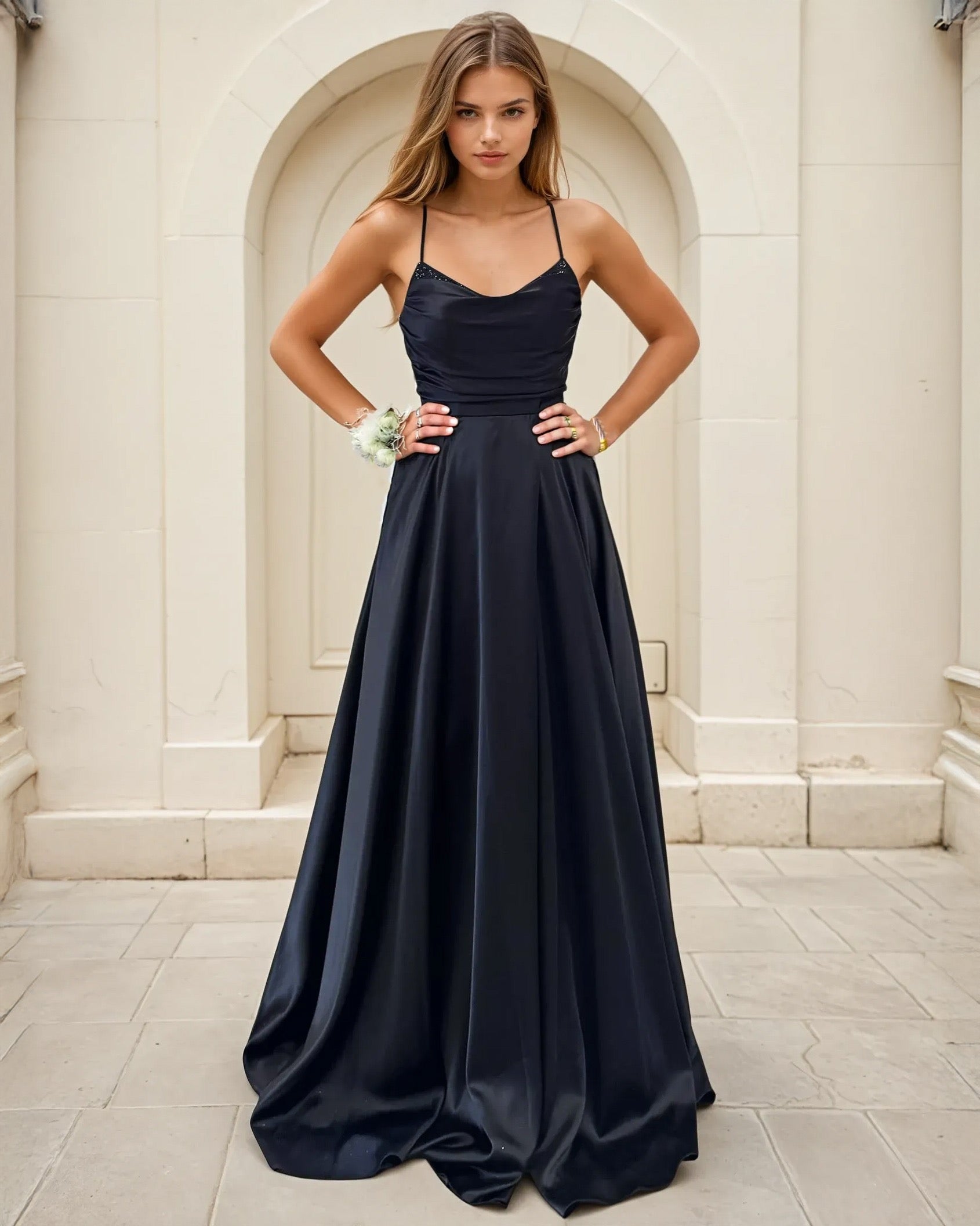 Cindy Satin A Line Formal Gown Black