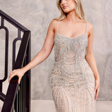 Clementine Beaded Fringe Gown - Silver/Nude