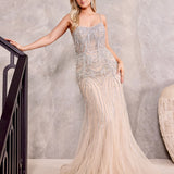 Clementine Beaded Fringe Gown - Silver/Nude