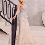 Clementine Beaded Fringe Gown - Silver/Nude