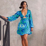 Kora Satin Mini Dress - Green/Blue Print