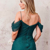 Marlow Off Shoulder Beaded Mesh Gown - Emerald