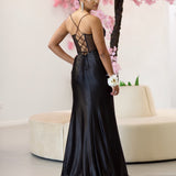 Emeline Satin Corset Gown - Black