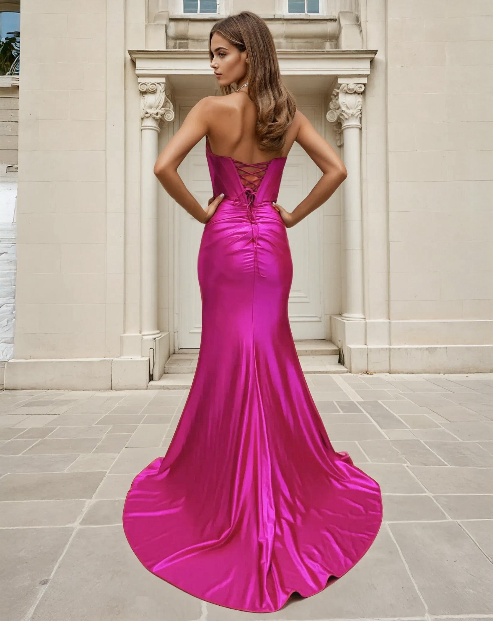 Ester Strapless Corset Formal Gown - Hot Pink Back