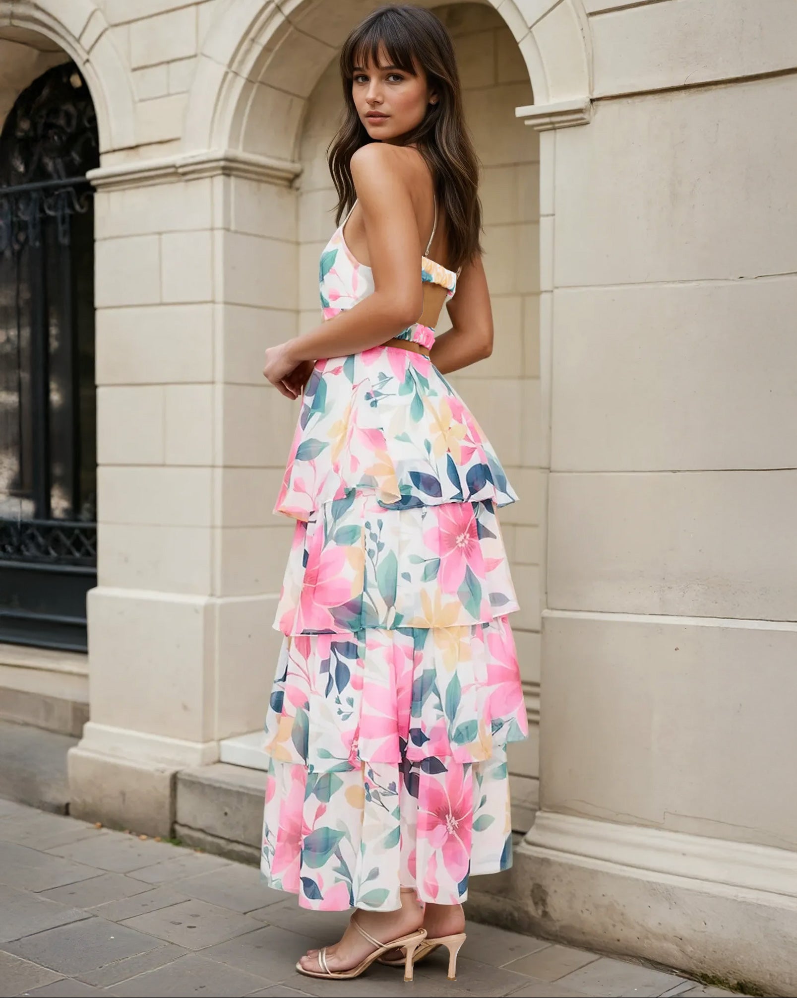 Evangeline Floral Maxi Dress White Print Back