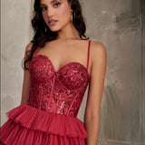 Cinamoon Layered Beaded Gown - Burgundy