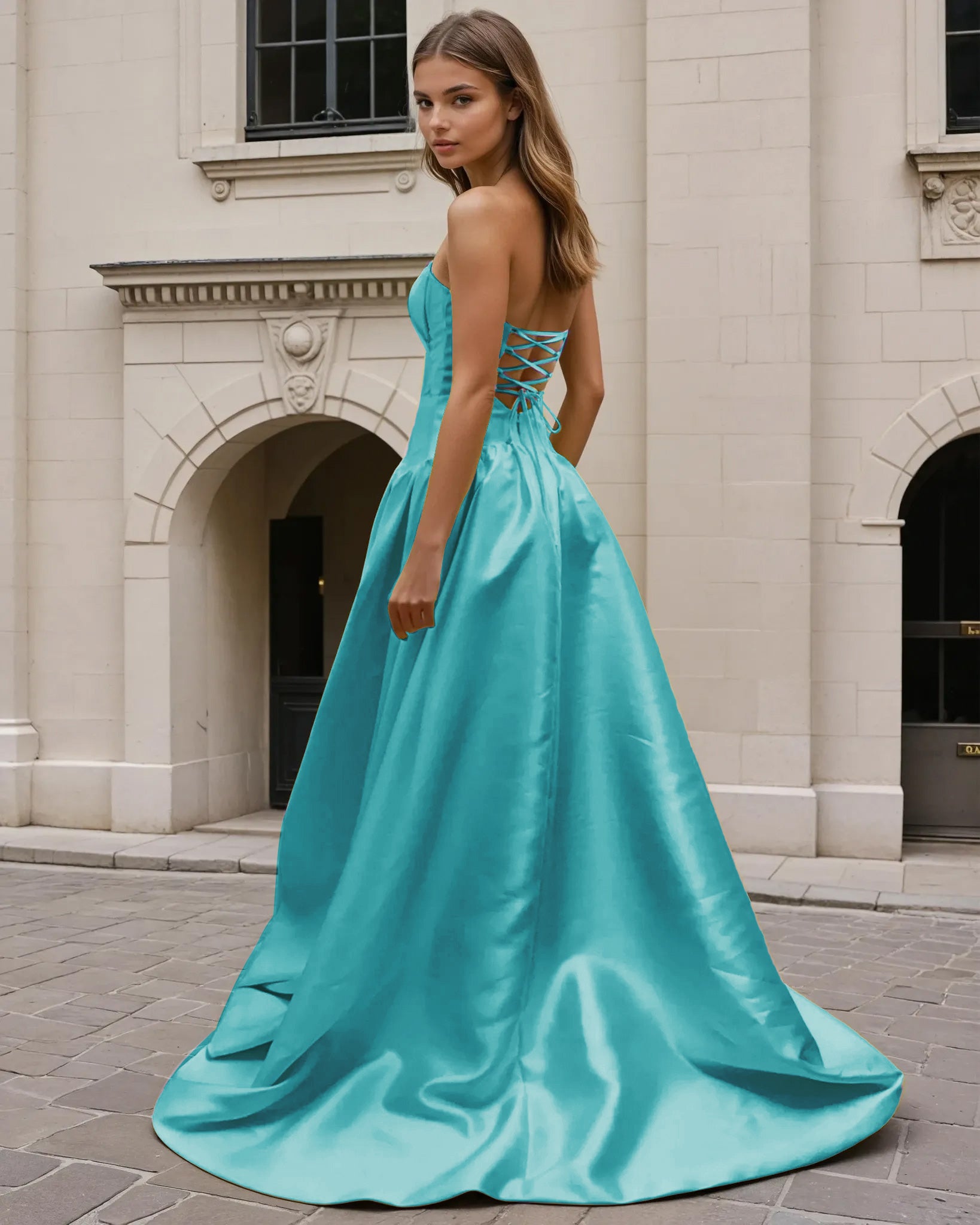 Gabrielle Strapless Mikado Bow Gown Aqua Back