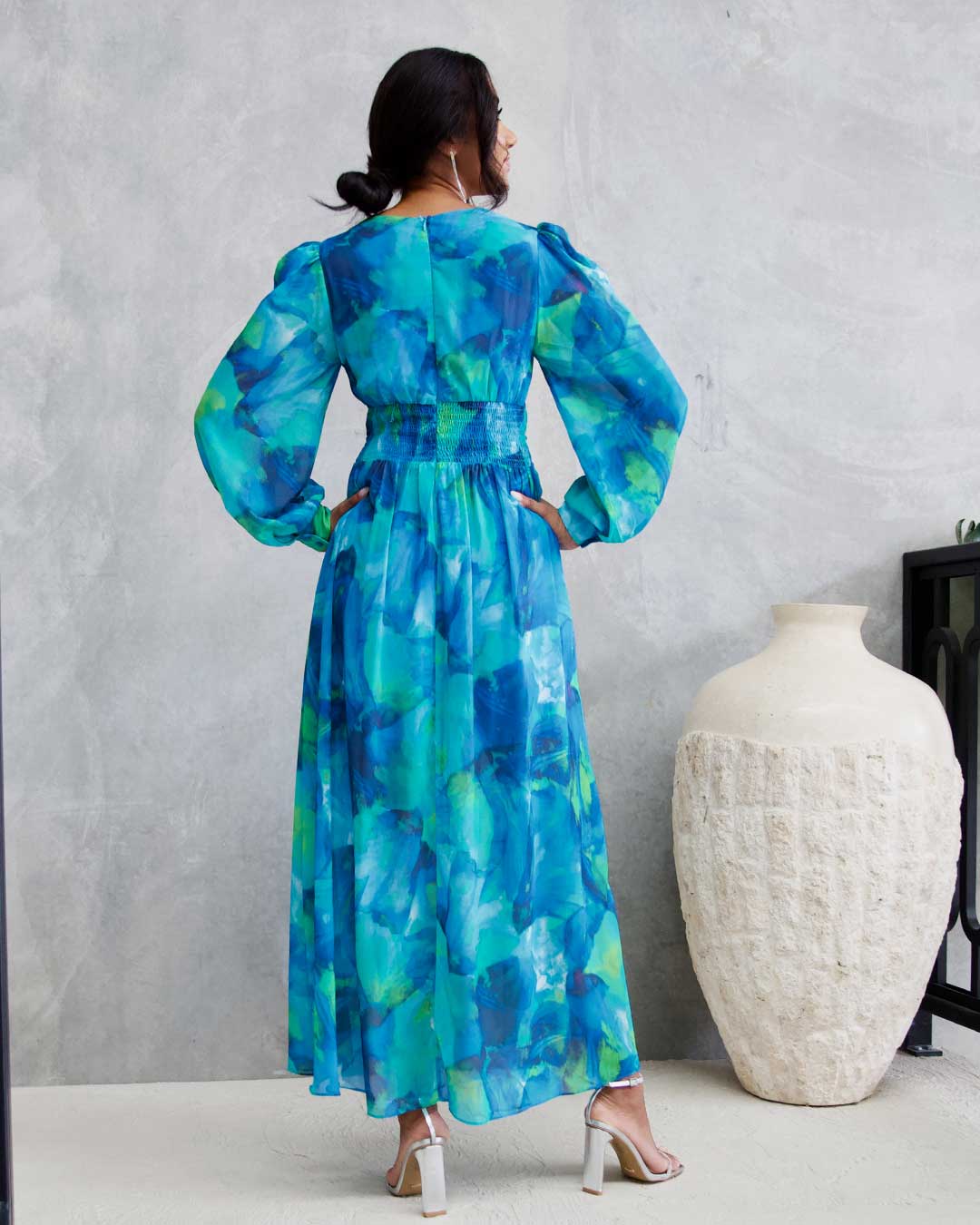 Georgie ChiffonMidi Dress - Blue Green Print