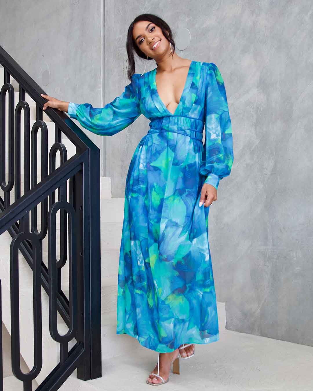 Georgie ChiffonMidi Dress - Blue Green Print