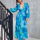 Georgie ChiffonMidi Dress - Blue Green Print