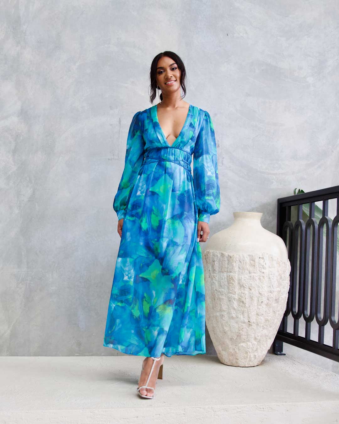 Georgie ChiffonMidi Dress - Blue Green Print