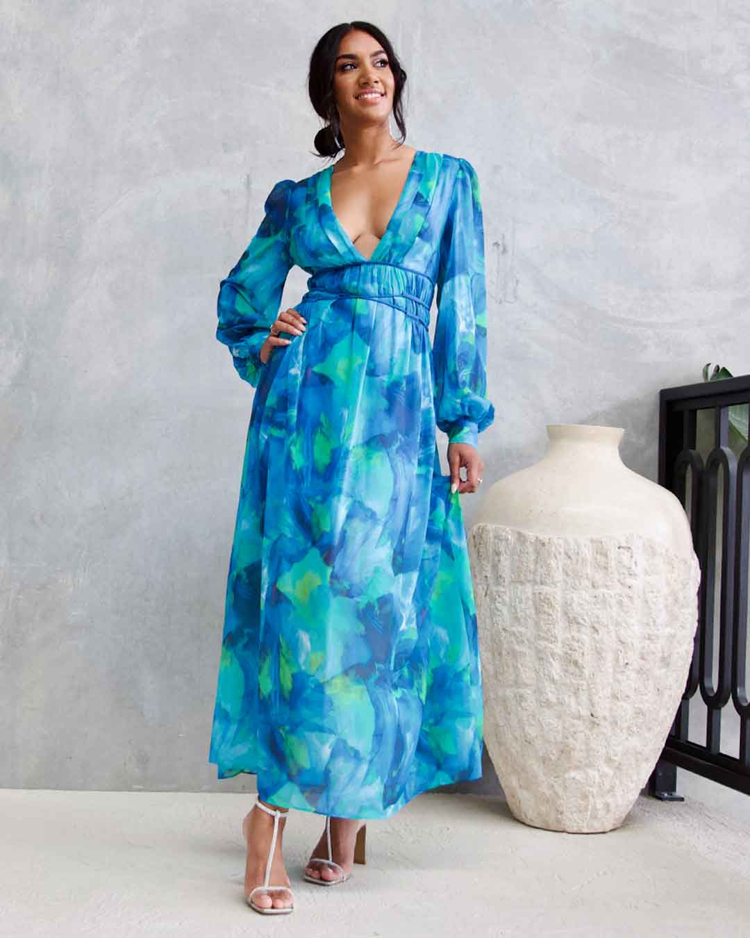 Georgie Chiffon Maxi Dress Green/Blue Print – Miss Runway Boutique