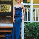 Niki Corset Satin Gown - Navy