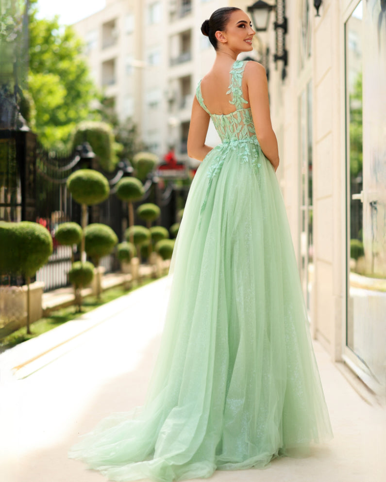 Ingrid Corset Lace Formal Gown - Sage Back