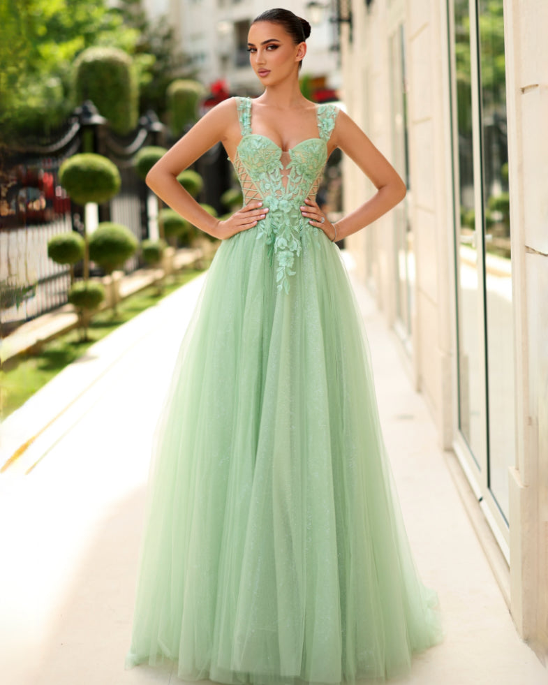 Ingrid Corset Lace Formal Gown - Sage Front