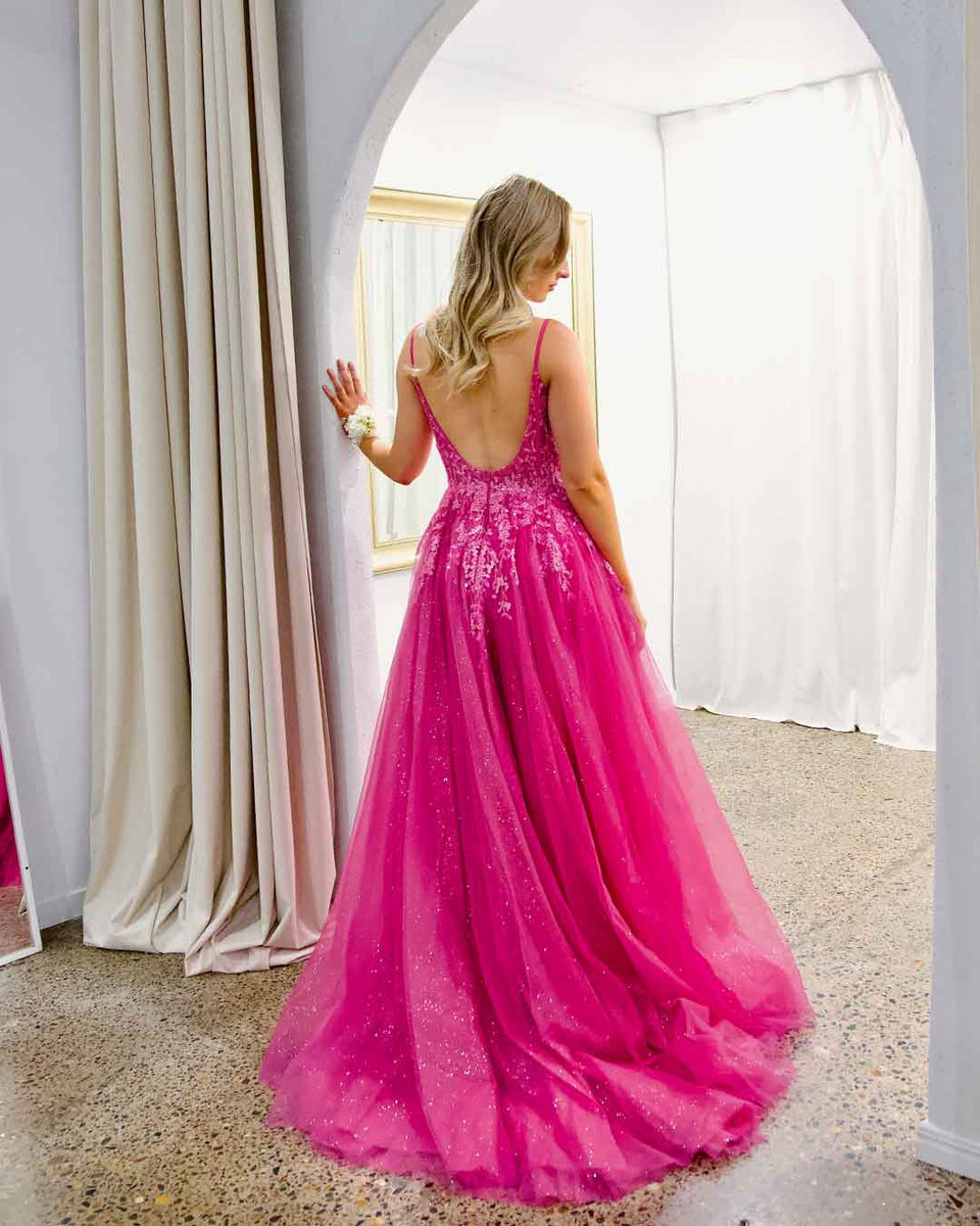 Iris Corset Sequin Tulle Gown Fuchsia