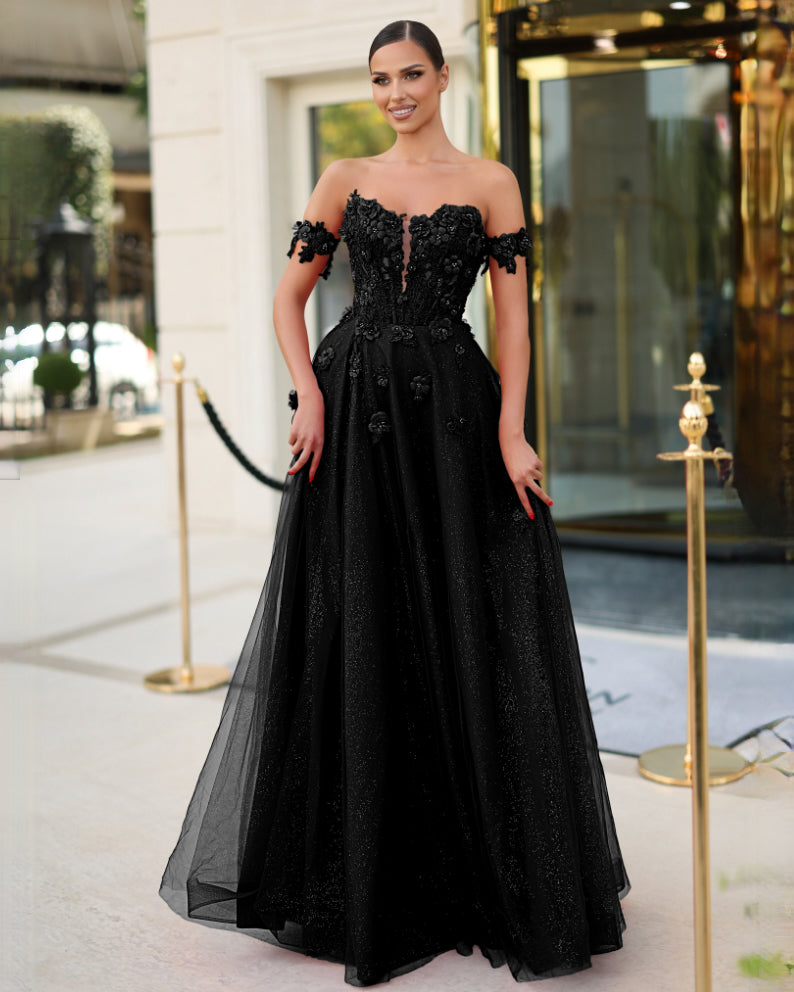 Liana Off Shoulder Corset Ball Gown Black – Miss Runway Boutique