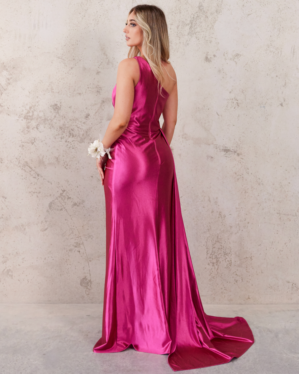Satin Long Gown with Ruffled Sash Detail Fuchsia main image 1