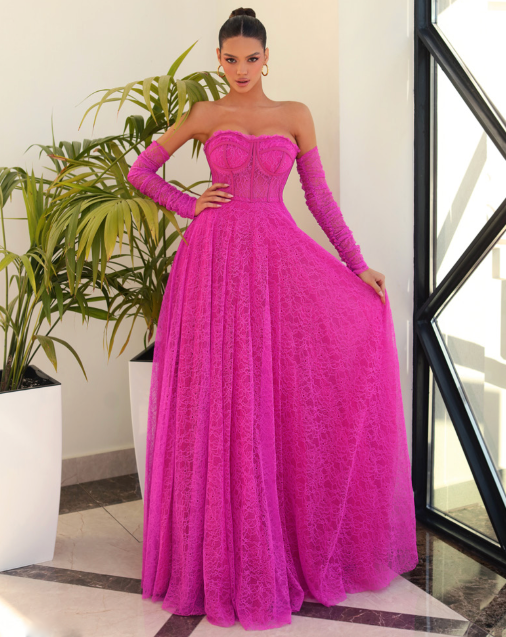 Helena Strapless Lace Gown - Magenta
