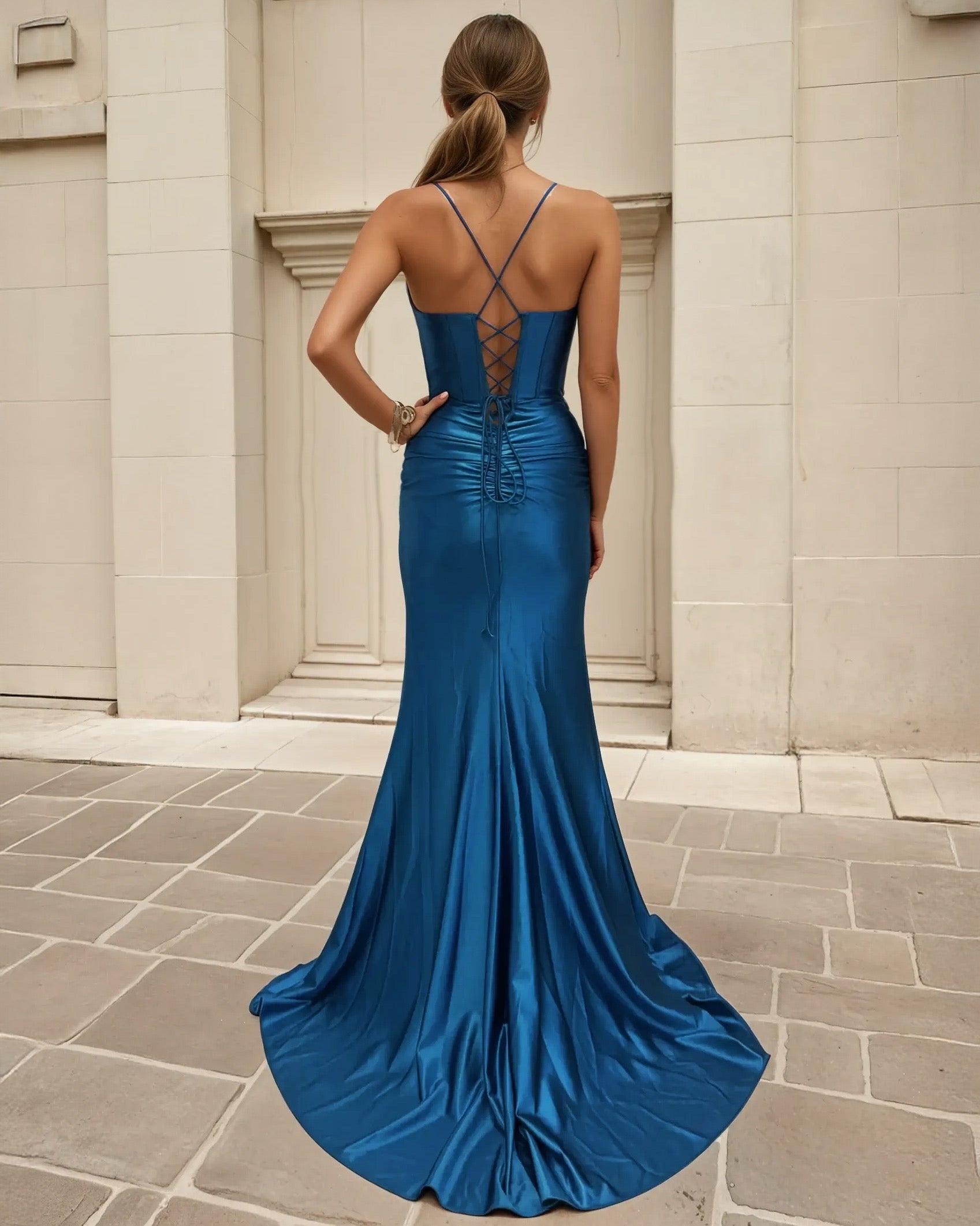 Nicolla Corset Formal Gown - Teal Back