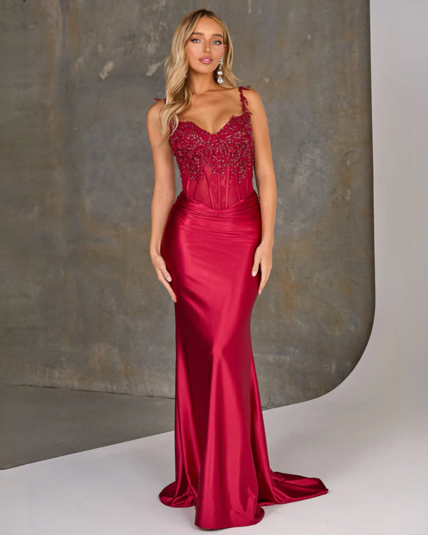 Niki Corset Satin Formal Gown - Ruby Front