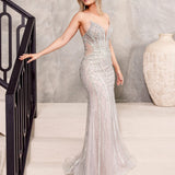 Ramona Strapless Beaded Gown - Silver/Nude