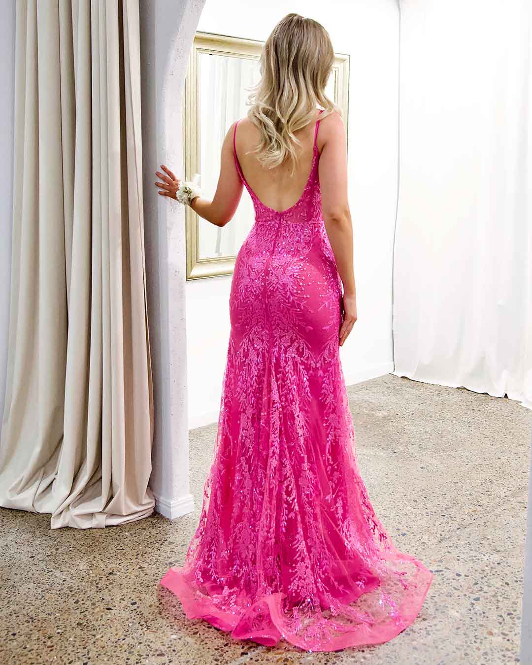 Riley Corset Lace Gown - Fuchsia