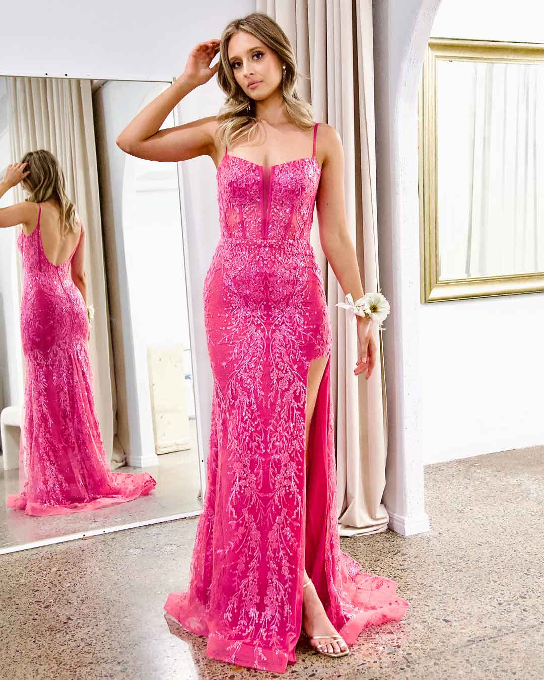 Riley Corset Lace Gown - Fuchsia